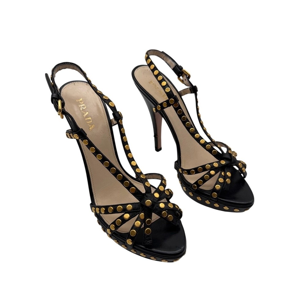 Prada Black Leather Gold-Stud Accents Slingback Stiletto Heels Size 40